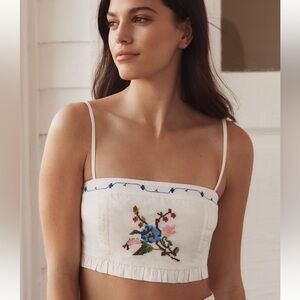 NWT Anthropologie White Folkloric Floral Embroidered Smocked Crop Top Large